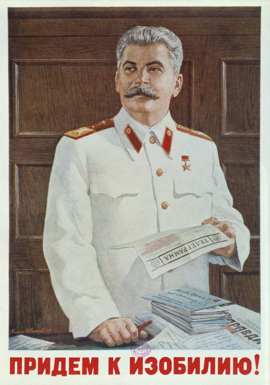 Sovjetposter van Stalin die een telegram leest door Russian School