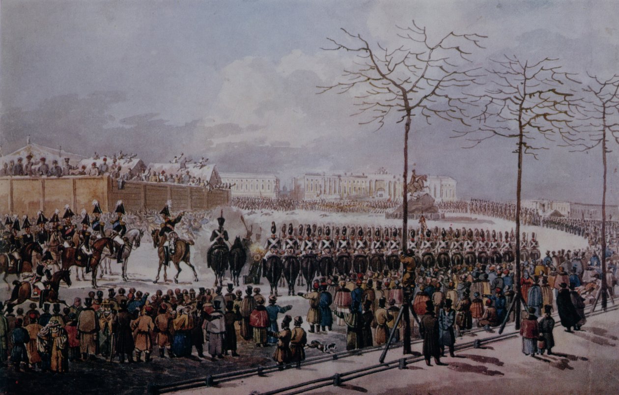 De Opstand van de Decembristen op het Senaatsplein, St. Petersburg op 14 december 1825 door Russian School