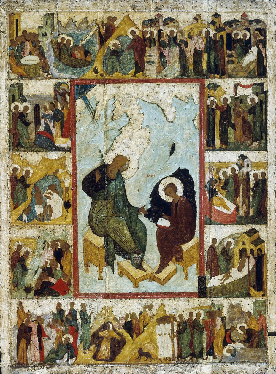 Sint Johannes de Evangelist op Patmos met Scènes uit Zijn Leven, begin 16e eeuw door Russian icon.