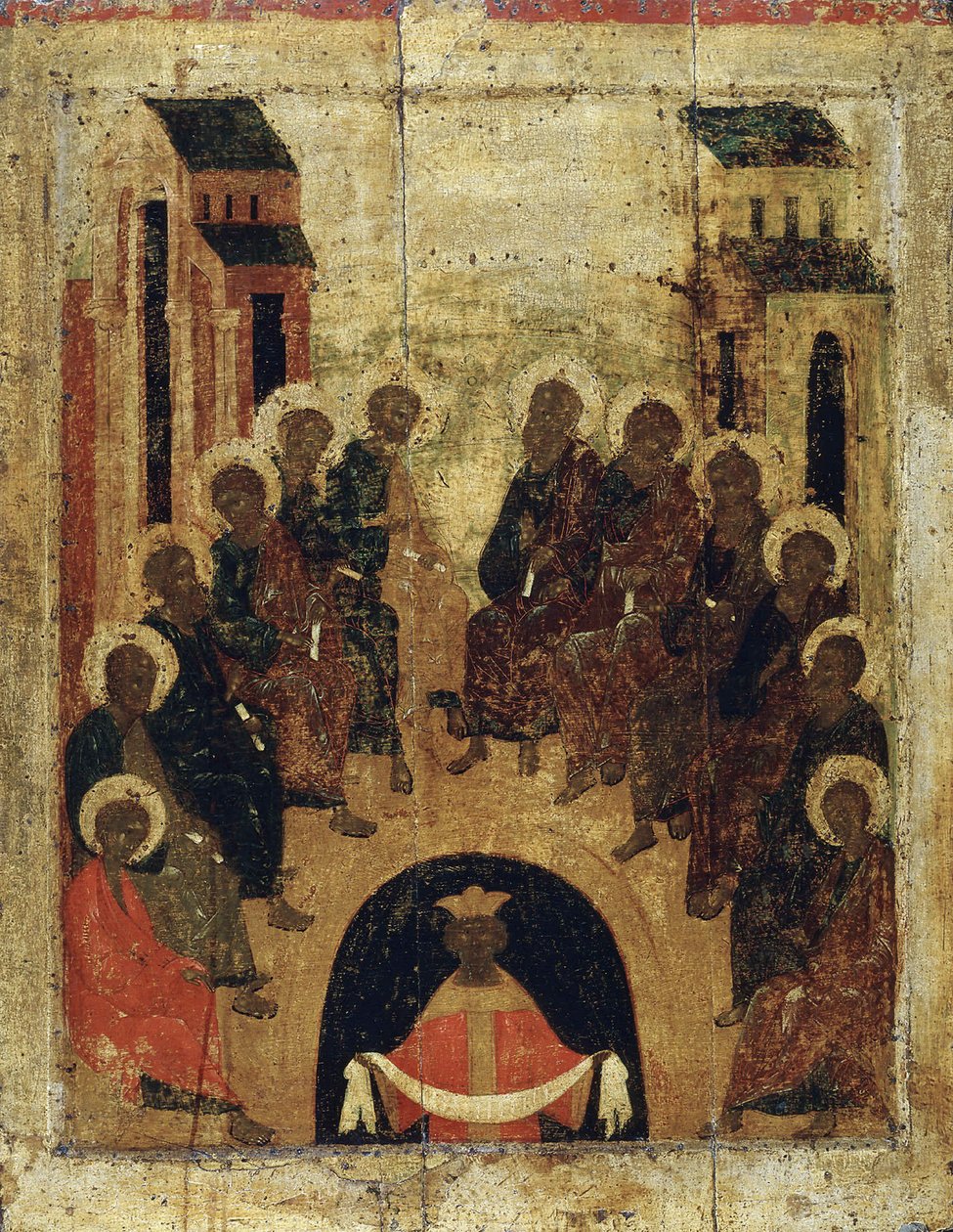 De nederdaling van de Heilige Geest op de apostelen, ca. 1410 door Russian icon.