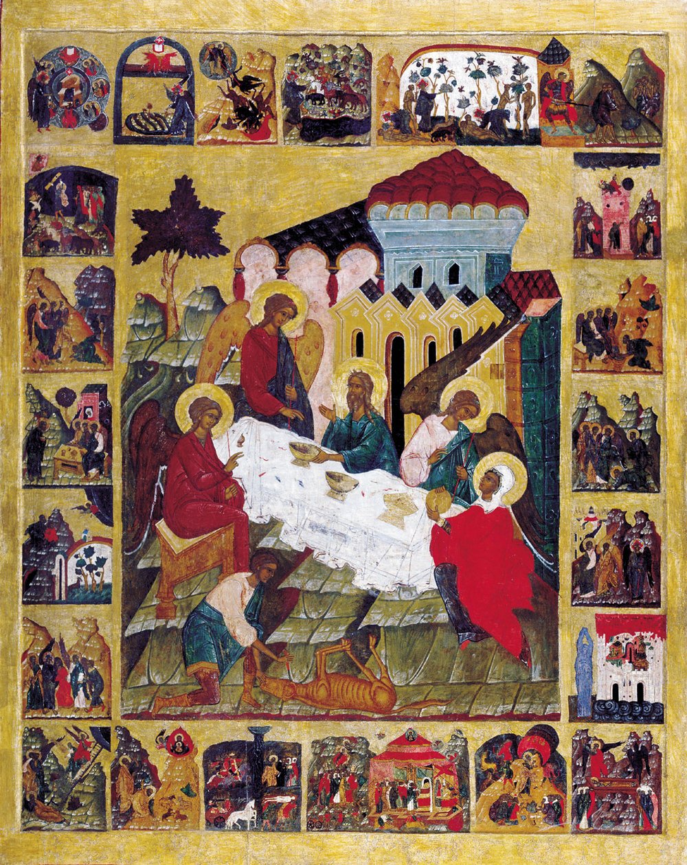 De Heilige Drie-eenheid uit het Oude Testament met scènes uit Genesis, ca. 1580 door Russian icon.