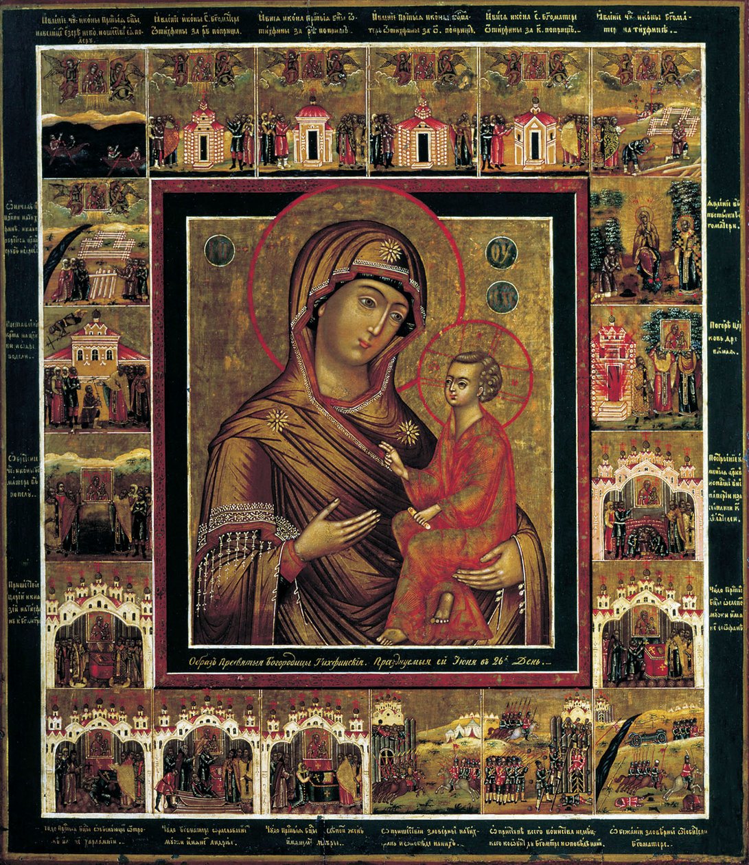 De Maagd van Tikhvin met Randscènes, eerste kwart van de 19e eeuw door Russian icon.