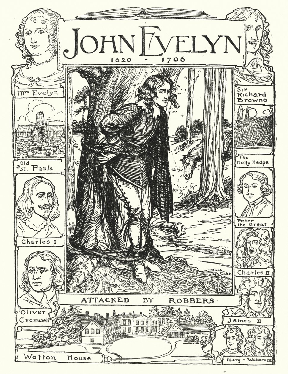 John Evelyn aangevallen door rovers (litho) door Ruth Cobb