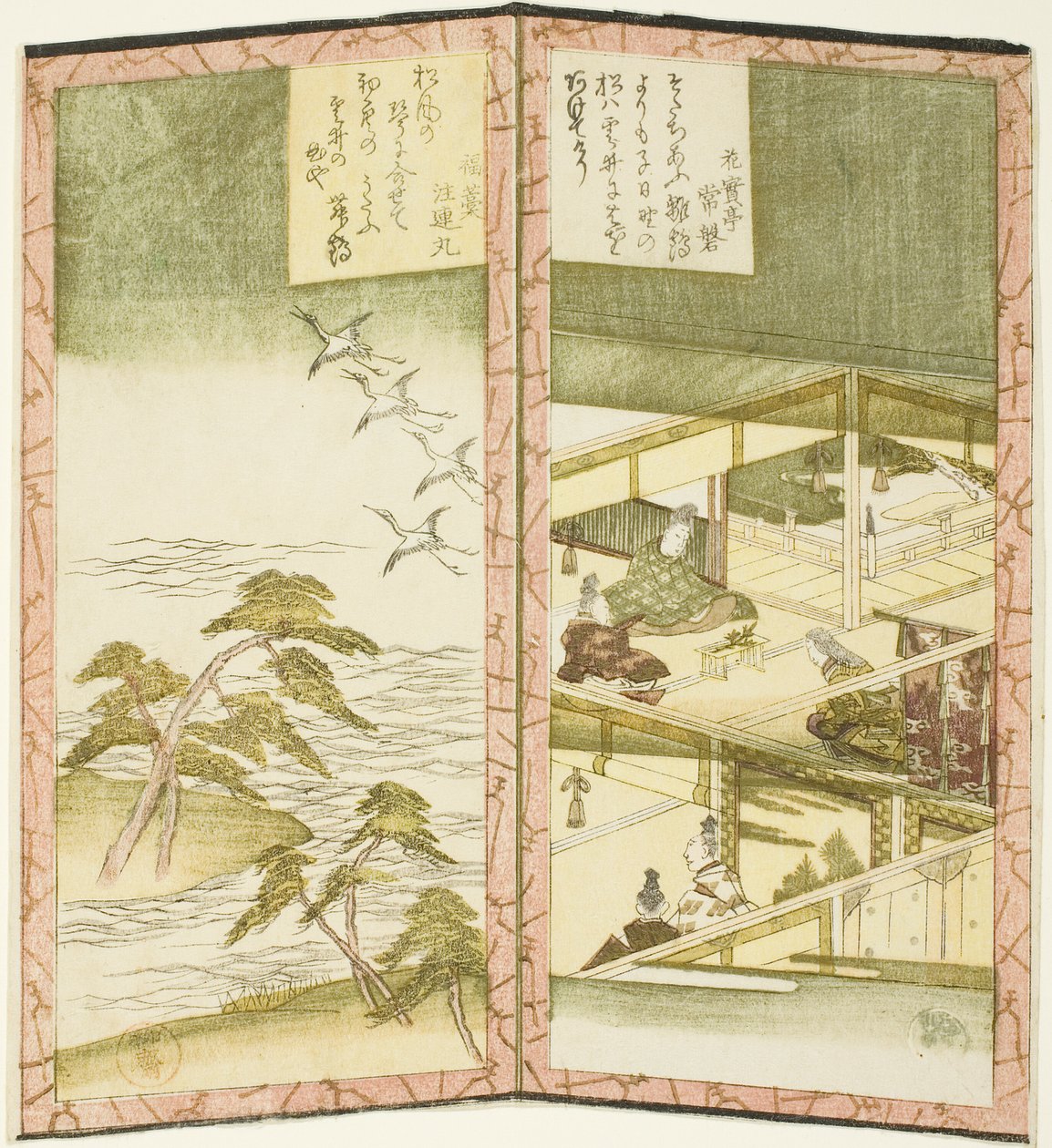 Paleisinterieur en strand, uit een ongetitelde hexaptych die een paar vouwschermen afbeeldt door Ryuryukyo Shinsai