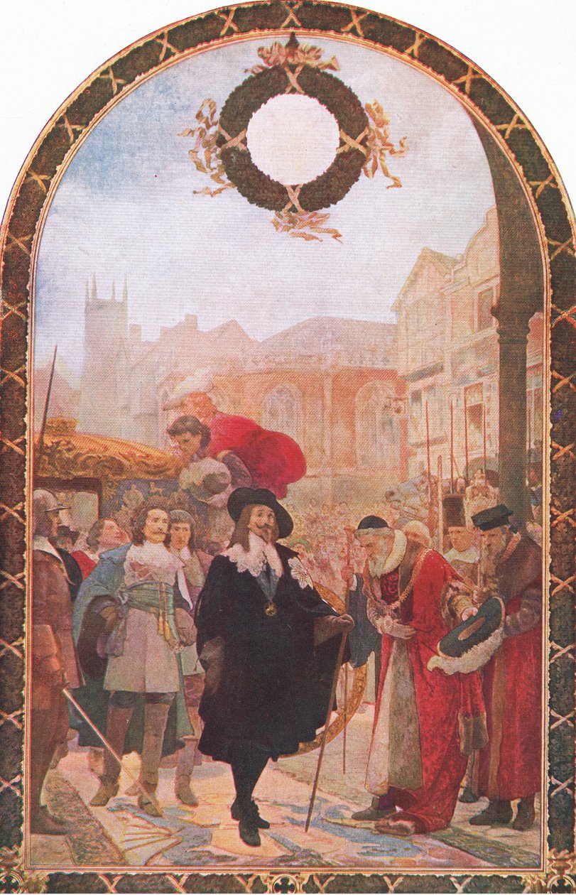 Karel I eist de vijf leden op in de Guildhall 1641, illustratie uit De Geschiedenis van het Britse Volk gepubliceerd door Waverley, ca. 1940 door S. J. Soloman