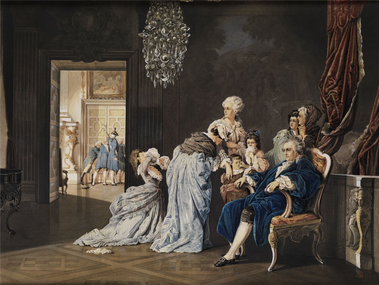 De laatste uren van de Franse koninklijke familie (Lodewijk XVI en Marie Antoinette) in het Louvre voor de komst van de revolutionairen. Aquarel/Gouache op karton. 38 x 51 cm. Rechtsonder gemonogrammeerd 