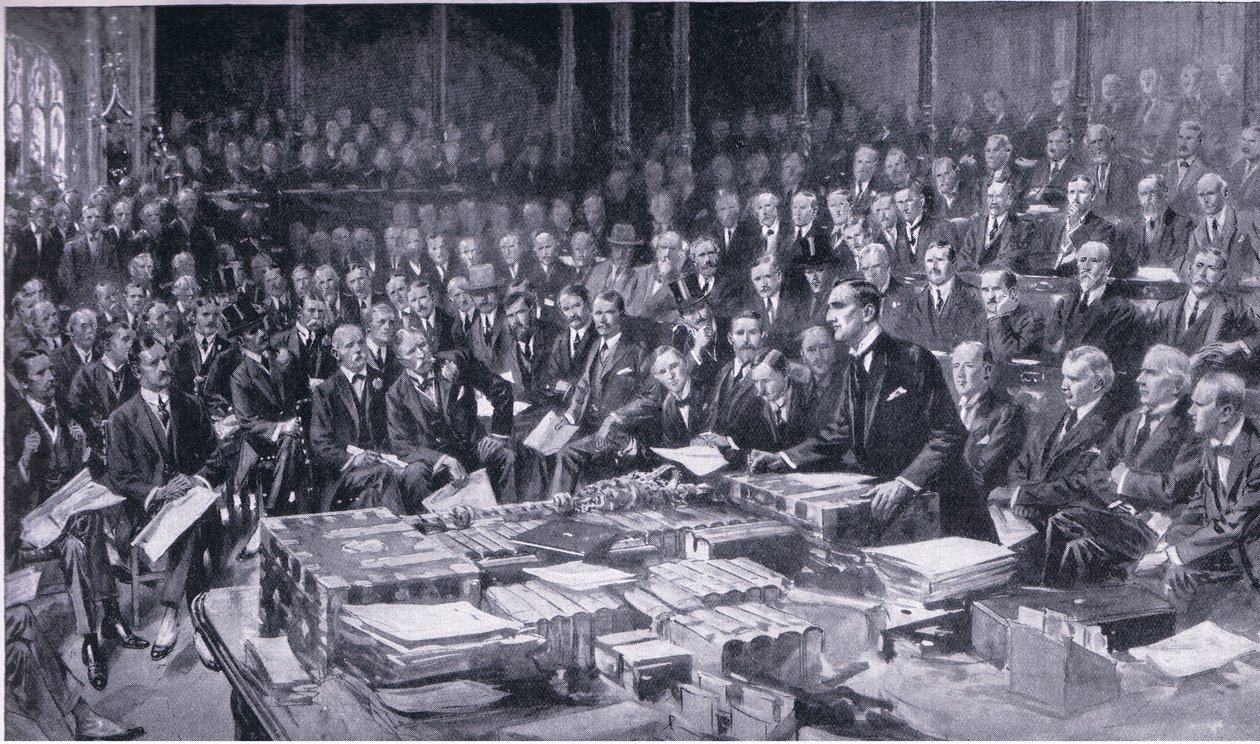 Een van de meest gedenkwaardige gebeurtenissen in de geschiedenis van het Parlement 3 augustus 1914, uit Cassells History of the British People uitgegeven door de Waverley Book Company Limited, c.1940 door S. Begg