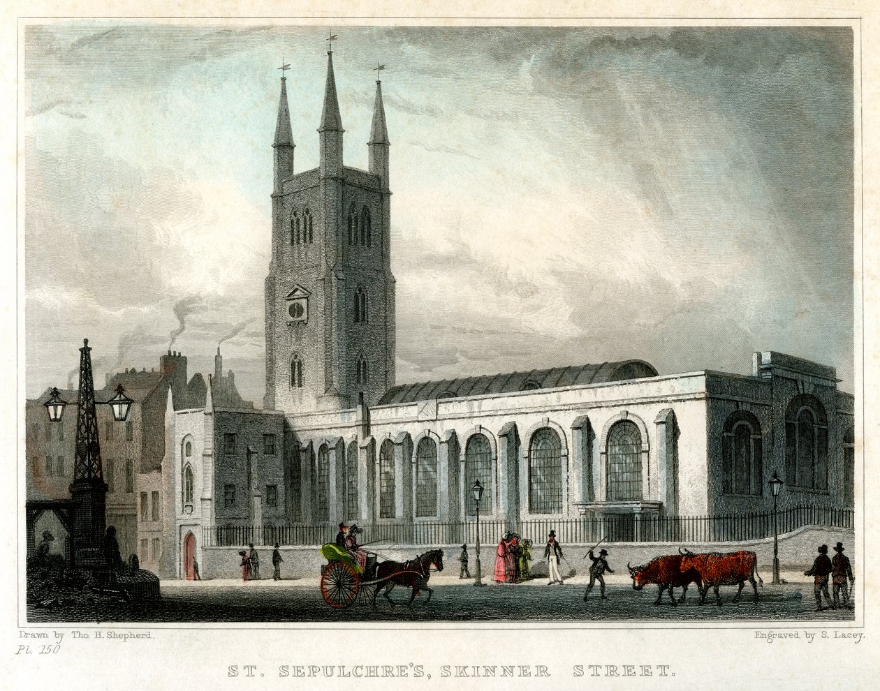 St Sepulchres Kerk, Skinner Street, City of London, ca. 1830 door S. Lacey