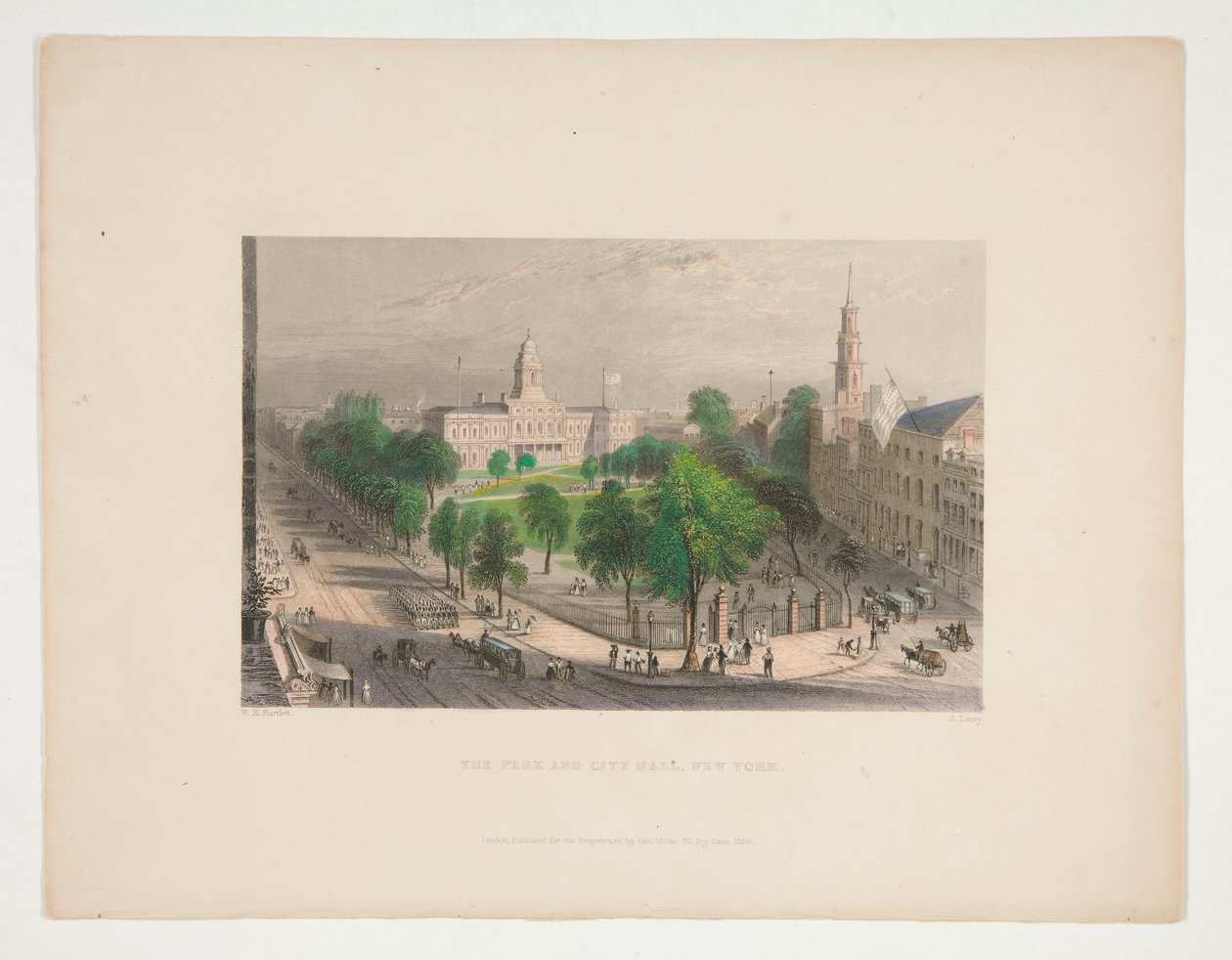 Het park en stadhuis, New York, illustratie voor Nathaniel Parker Willis door S. Lacey