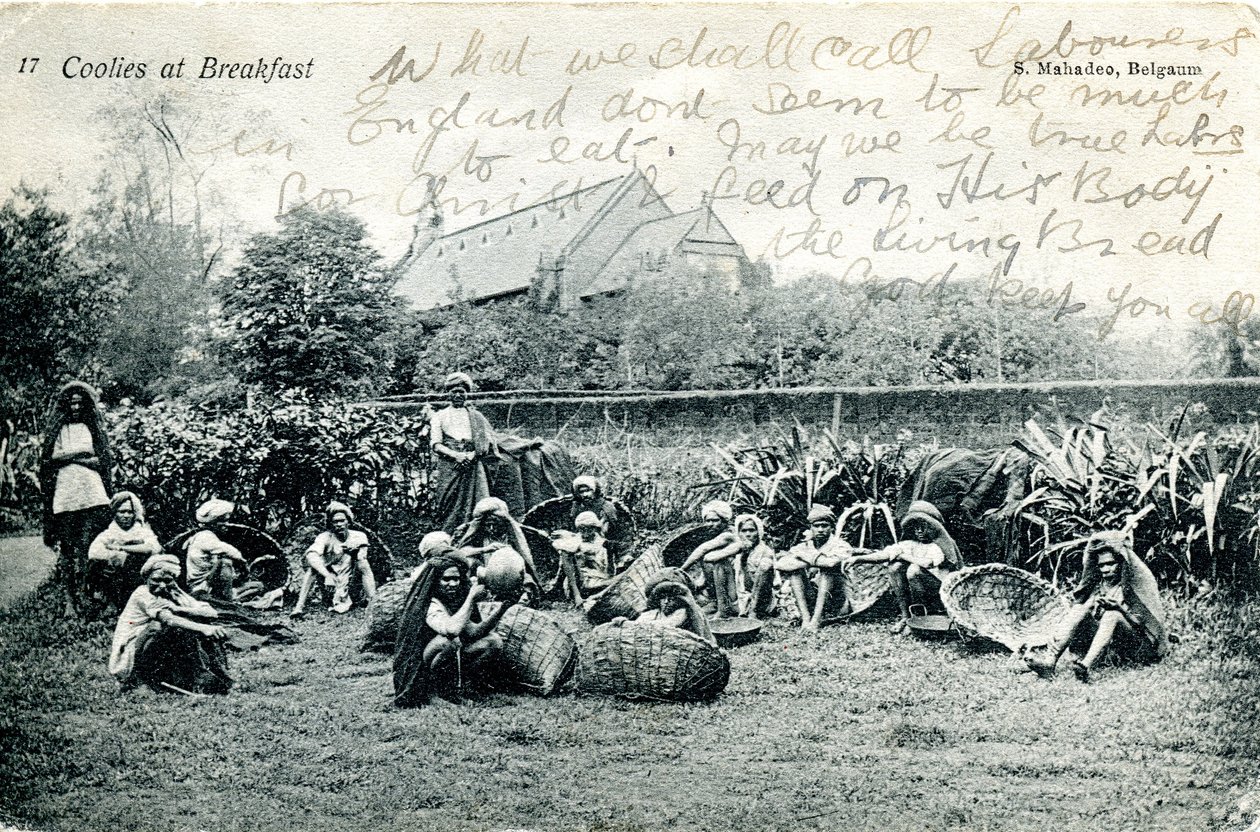 Koelies bij het ontbijt, ca. 1908 door S. Mahadeo