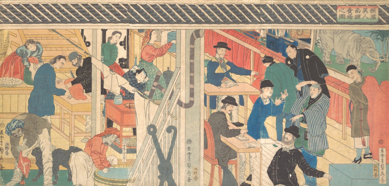 Verkoopruimte in het Buitenlandse Handelsgebouw in Yokohama, 1861 door Sadahide Utagawa