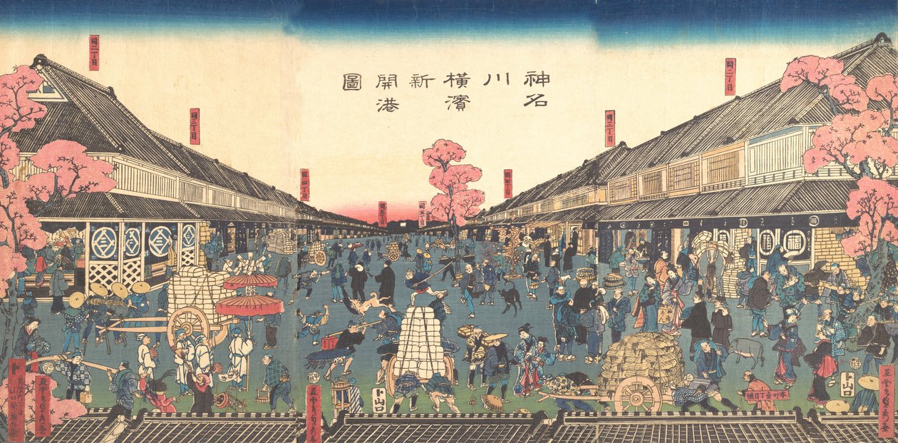 De pas geopende haven van Yokohama in de prefectuur Kanagawa, 2e maand, 1860 door Sadahide Utagawa