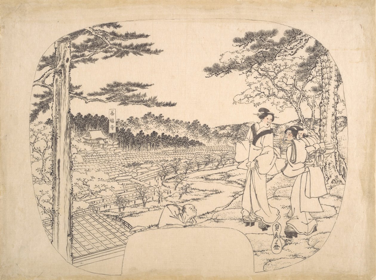 Twee vrouwen bewonderen de bezienswaardigheden vanaf een uitkijkpunt...de Zenpukuji-tempel, 19e eeuw door Sadahide Utagawa