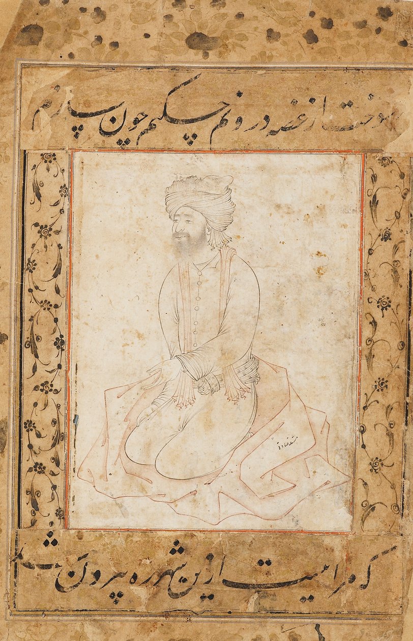 Dervish knielend op zijn jas door Sadiqi Beg