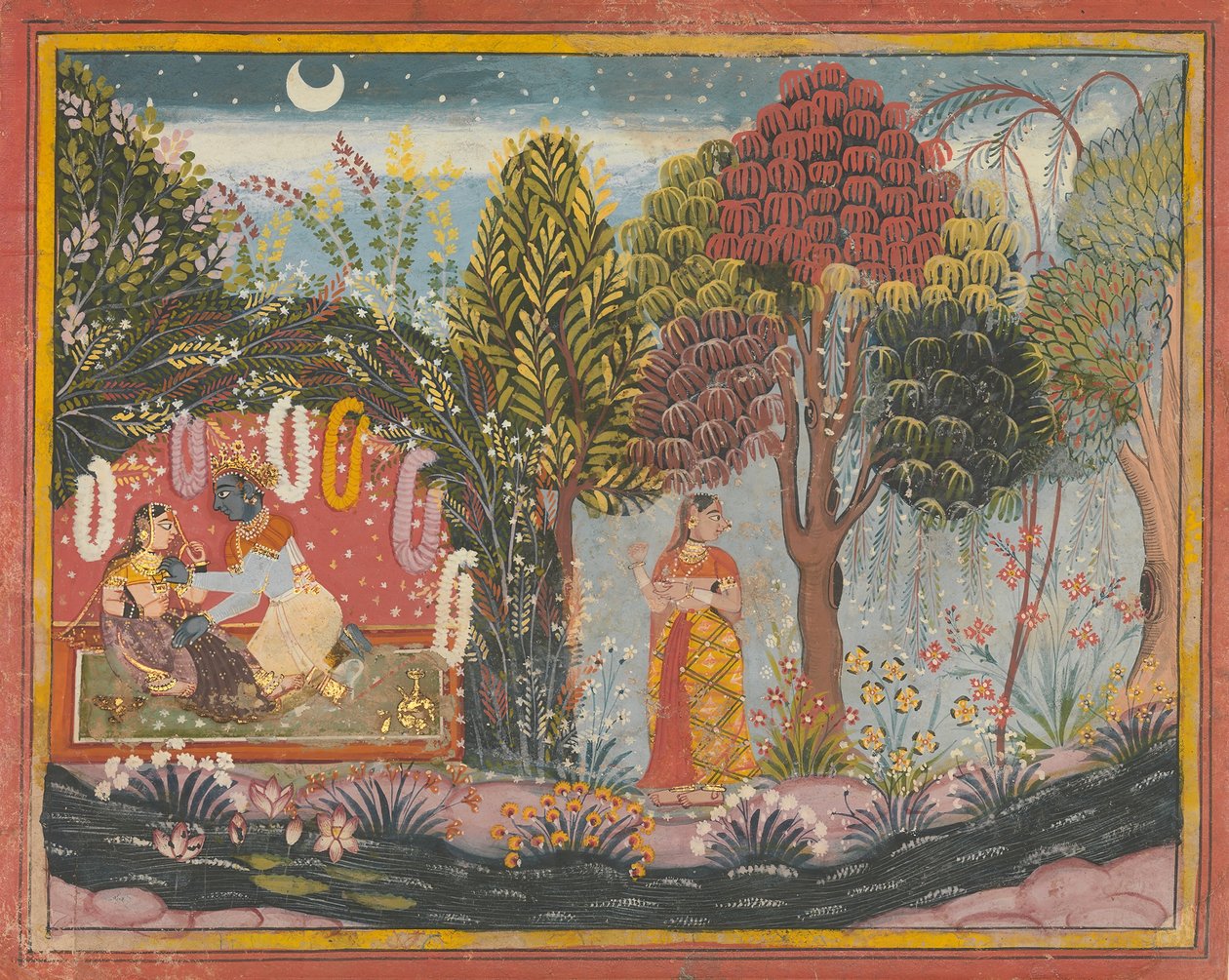 Krishna en Radha in een prieel: Pagina uit een verspreide Gita Govinda door Sahibdin