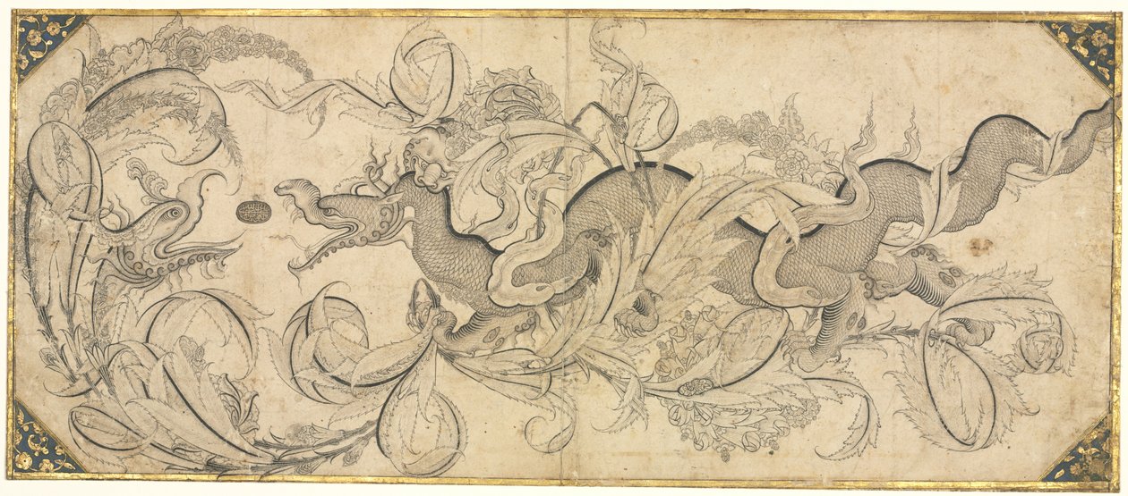 Draak in gebladerte met leeuwen- en fenikskoppen, midden 1500s door Sahkulu