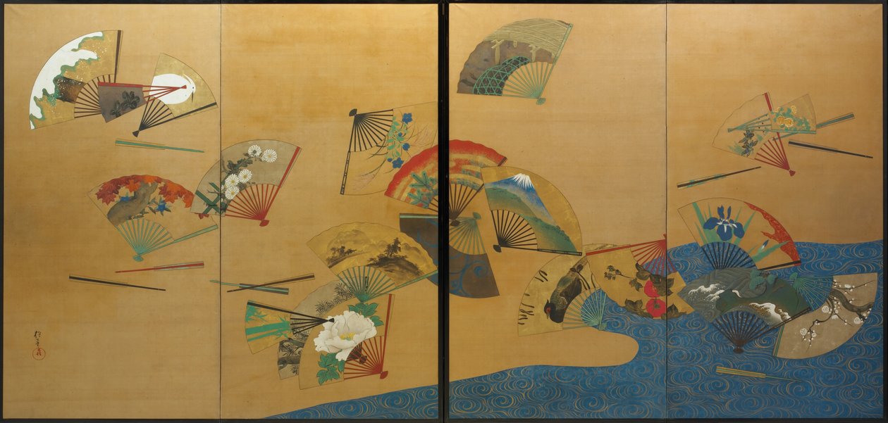 Fans en stroom, Edo-periode, ca. 1820-28 (inkt, kleur, goud  zilver op zijde) door Sakai Hoitsu