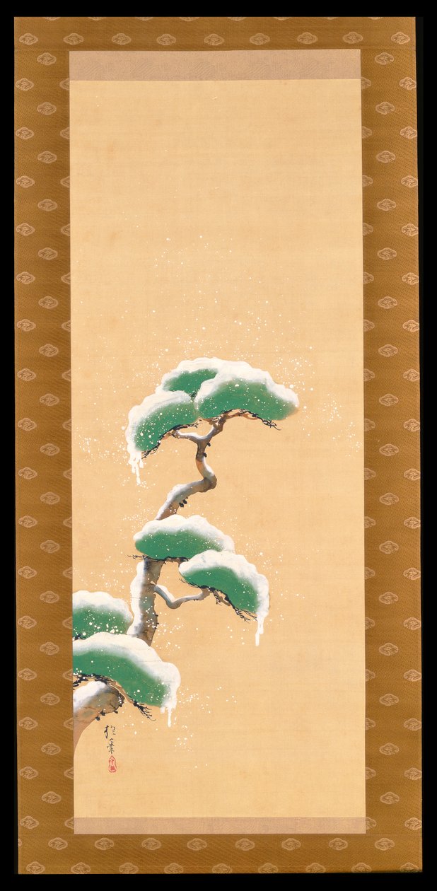 Hangende Rol die een Met Sneeuw Bedekte Pijnboom Afbeeldt, uit een Drieluik van de Drie Seizoenen, Japans, begin 19e eeuw door Sakai Hoitsu