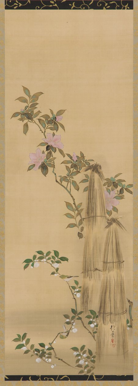 Roze en witte bloemen en strooien bedekkingen, Edo-periode, 1761-1828 door Sakai Hoitsu