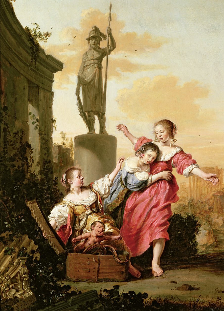 De drie dochters van Cecrops ontdekken Erichthonius door Salomon de Bray
