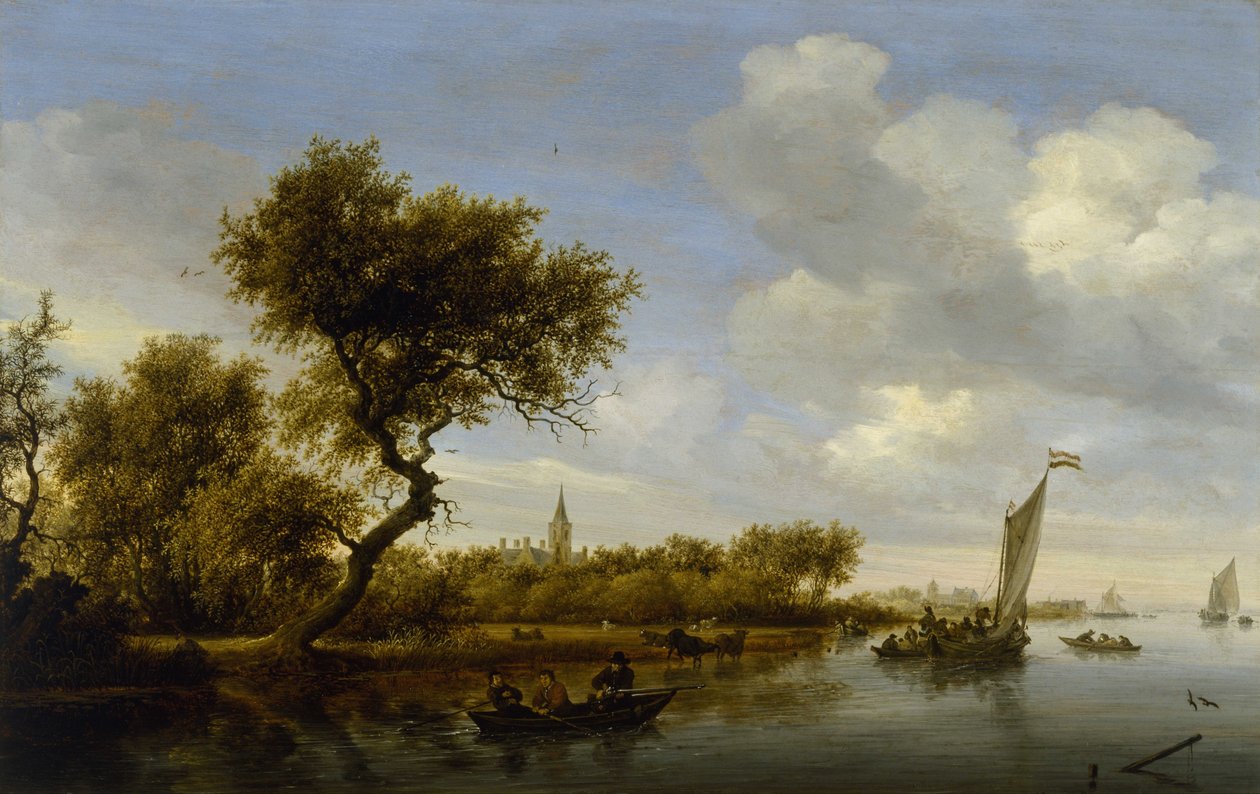 Rivierlandschap met een Kerk in de Verte door Salomon van Ruisdael or Ruysdael
