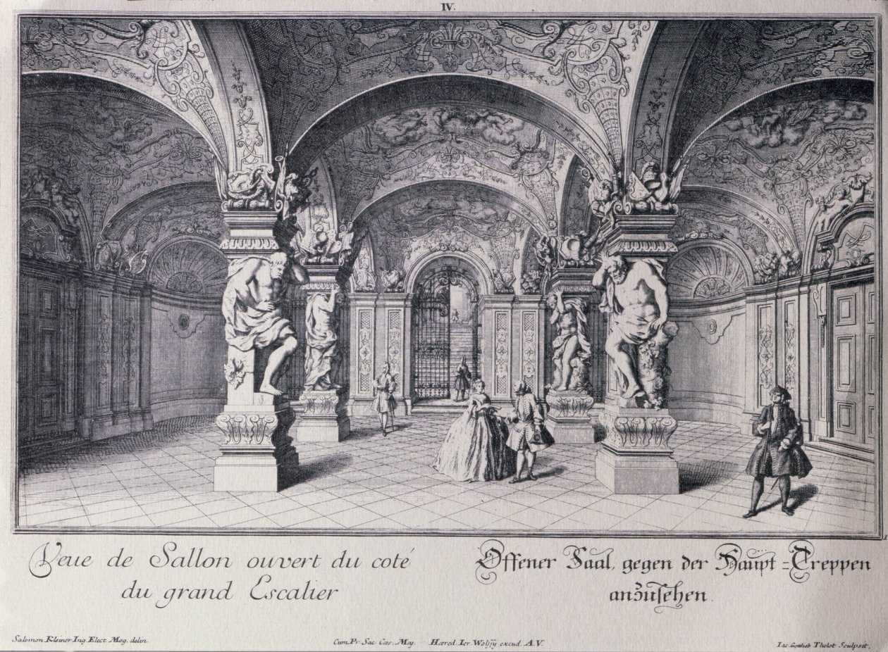 De Hall (Sala Terrena) van de Upper Belvedere in Wenen begonnen in 1721 door Johann Lukas von Hildebrandt, gegraveerd door Thelot door Salomon after Kleiner