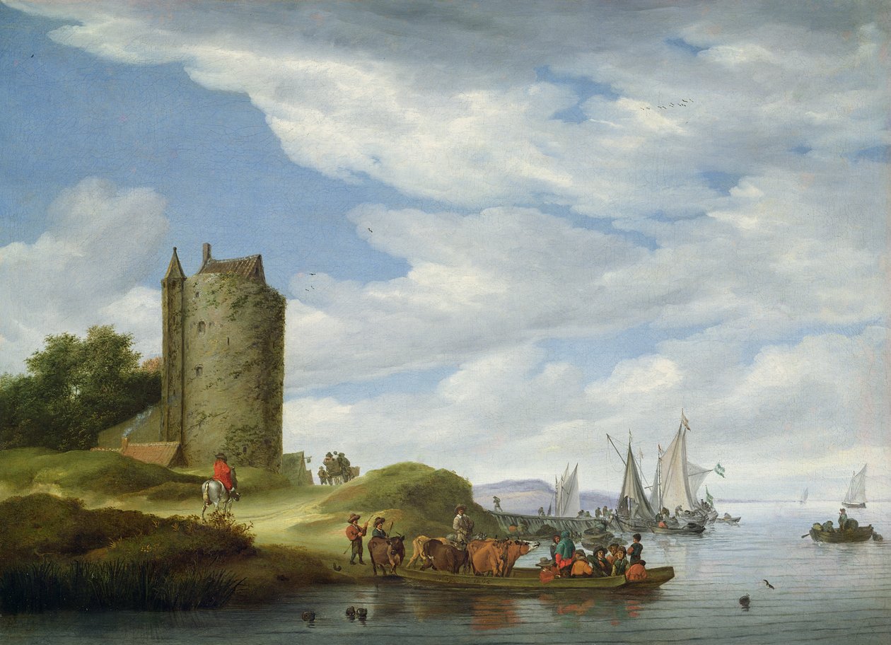 Riviermonding met wachttoren door Salomon van Ruisdael or Ruysdael