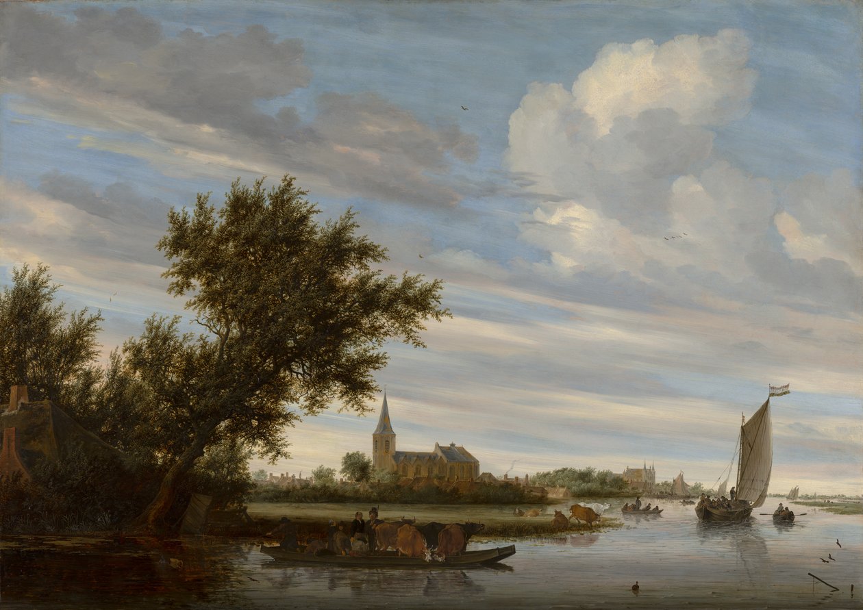 Riviergezicht met kerk en veerboot door Salomon van Ruisdael or Ruysdael