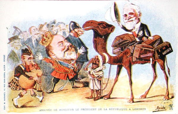 Karikatuur van de aankomst van de president van de Franse Republiek, Emile Loubet, in Londen in 1903 door Salomon Assus