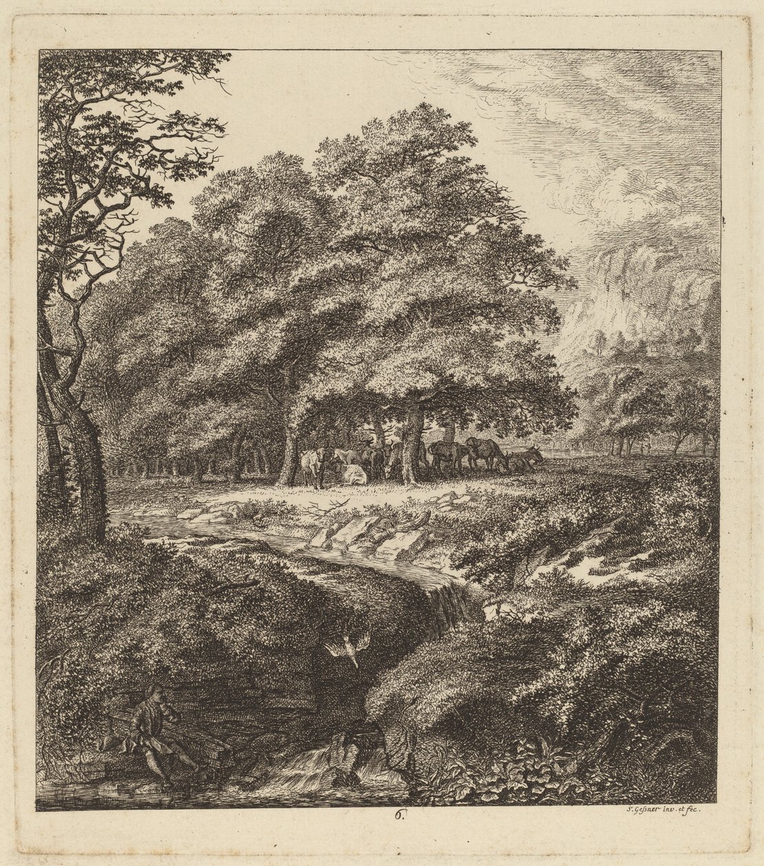 Runderen rustend in een bosje met een man zittend naast een beek, 1764 door Salomon Gessner
