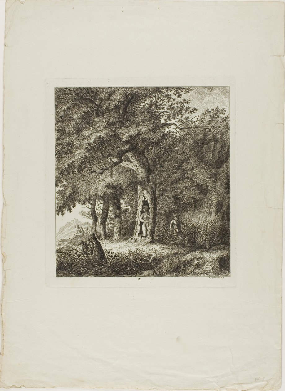 Nimf verscholen in een boom, plaat acht uit Paysages Dédiés à M. Warelet door Salomon Gessner