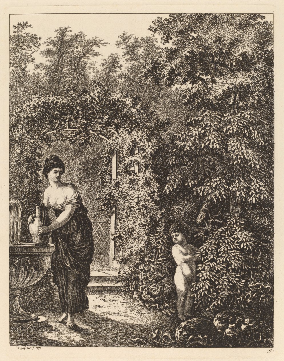 Putto Bezoekt een Meisje bij een Fontein, 1771 door Salomon Gessner