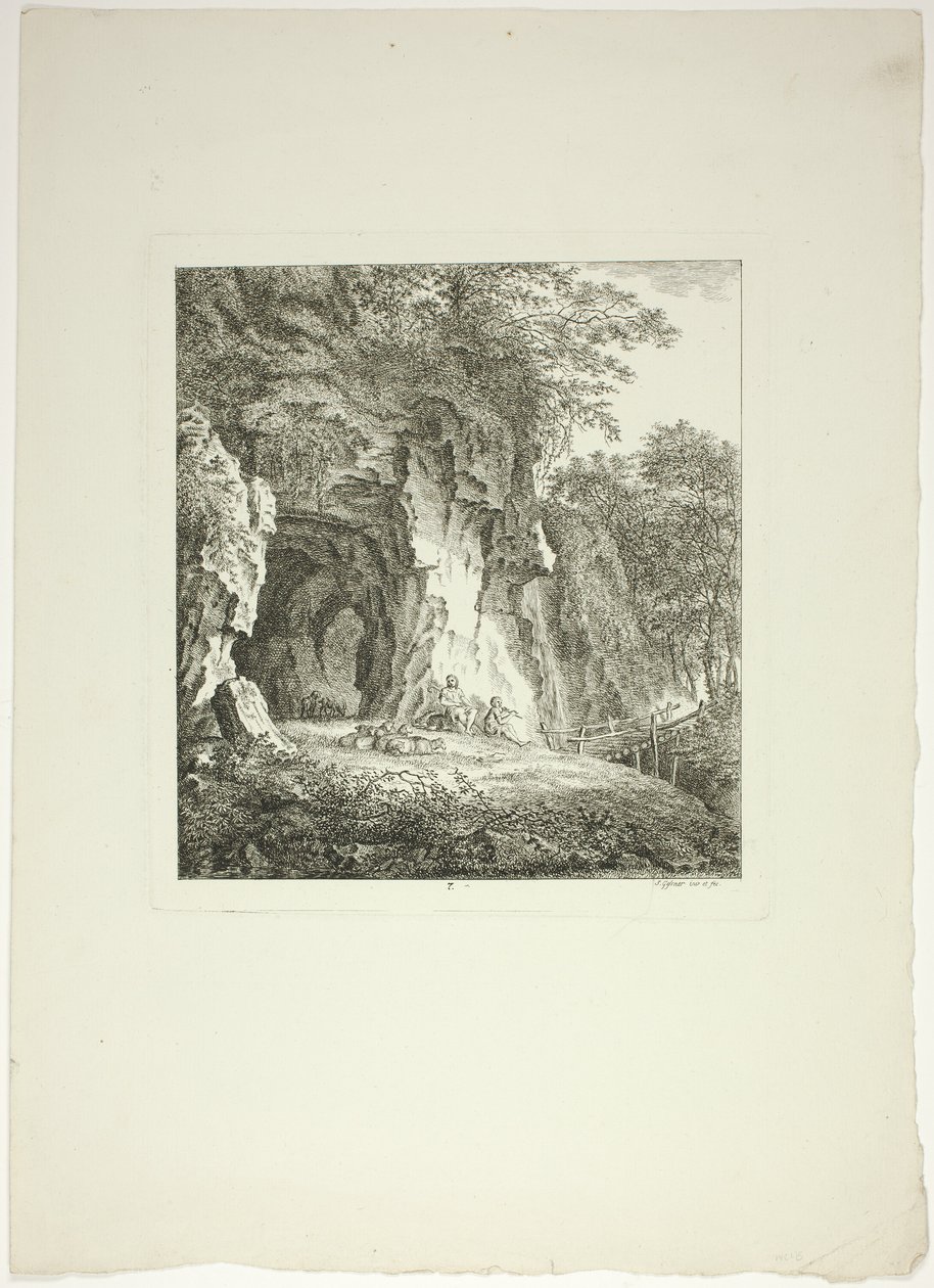 Herders en schapen rustend onder een brug, plaat zeven uit Paysages Dédiés à M. Warelet door Salomon Gessner