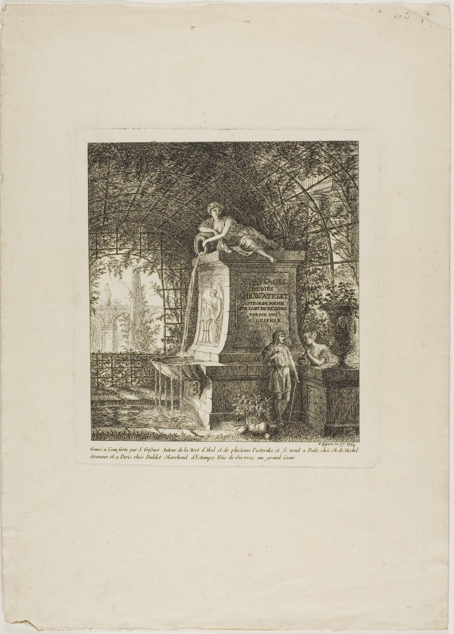 De getraliede fontein, frontispice uit Paysages Dédiés à M. Warelet door Salomon Gessner