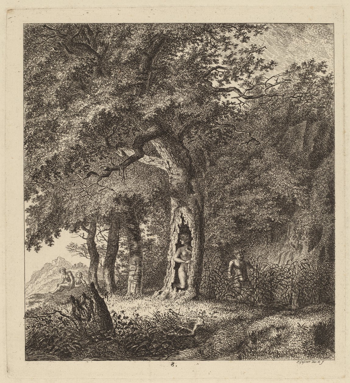 Boslandschap met een Nimf en een Sater door Salomon Gessner