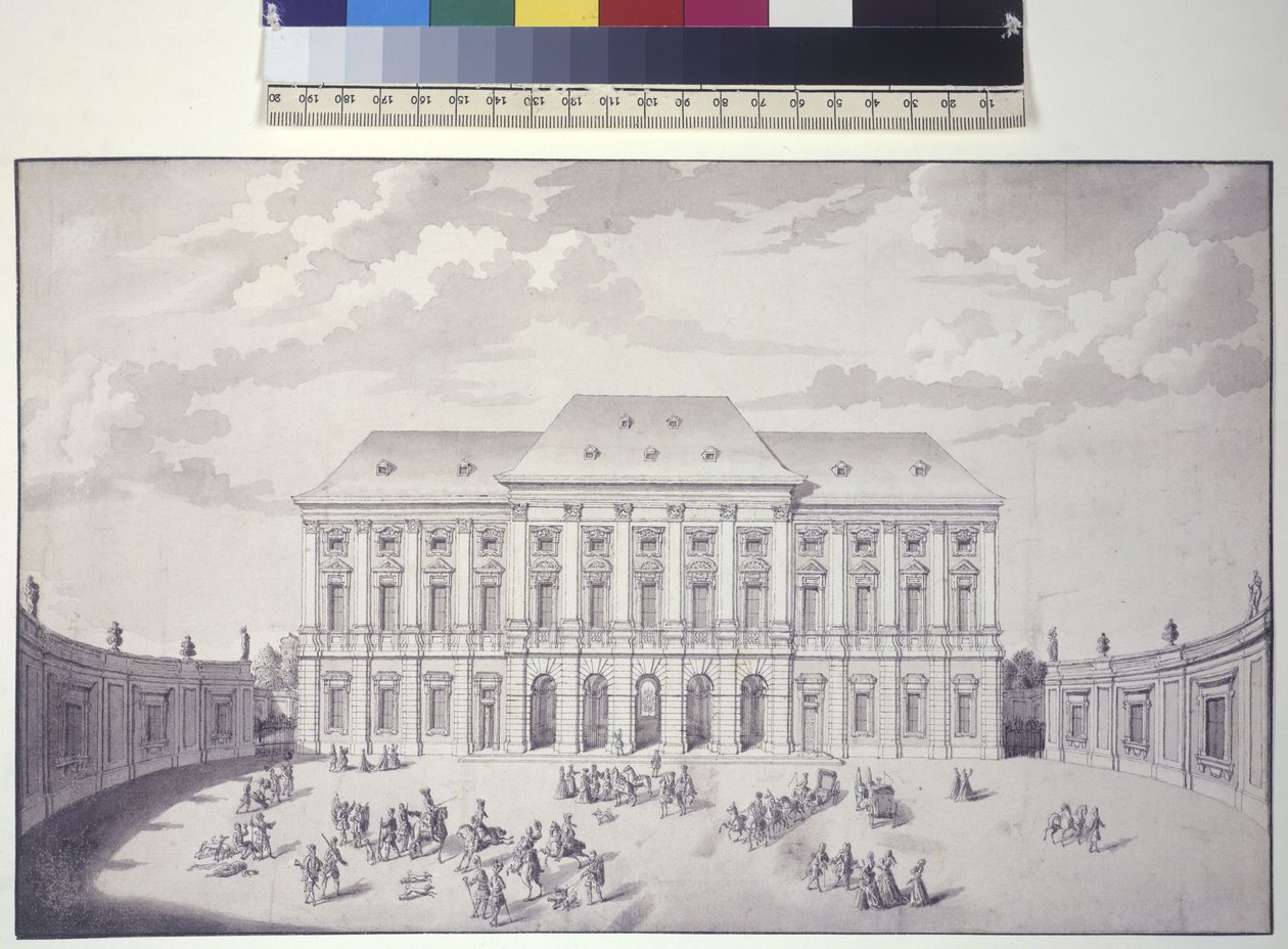 Volledige pagina: Liechtenstein tuinpaleis, Wenen, vooraanzicht van het paleis (pen, penseel en inkt) door Salomon Kleiner