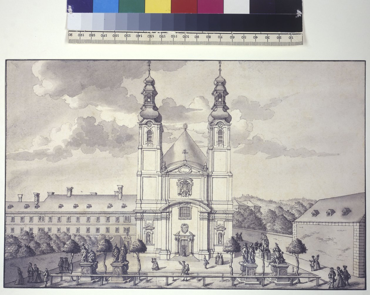 Volledige pagina: vooraanzicht van de Servietenkerk in de buitenwijk Rossau (pentekening) door Salomon Kleiner