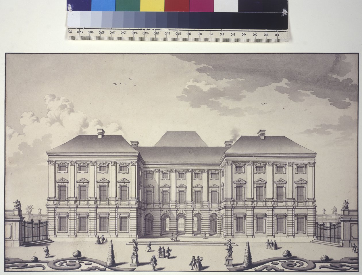 Volledige pagina: vooraanzicht van de tuingevel van paleis Liechtenstein in Rossau (pentekening) door Salomon Kleiner