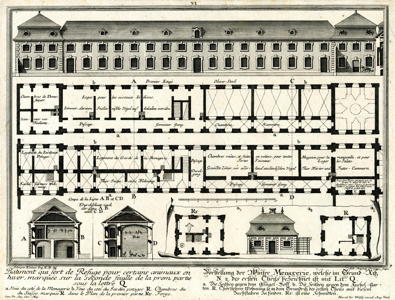 Plattegronden en aanzichten van de wintermenagerie en poortgebouwen door Salomon Kleiner