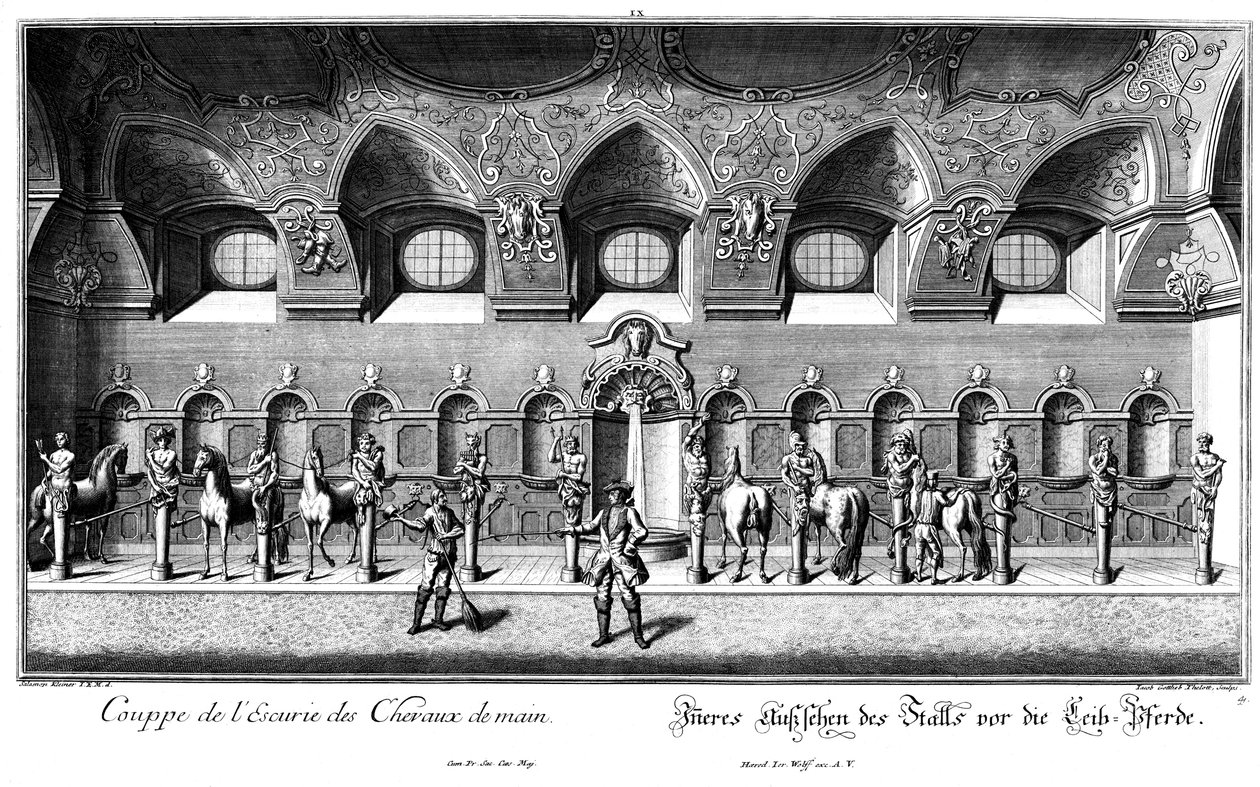 Interieur van de stal voor de lijfpaarden door Salomon Kleiner