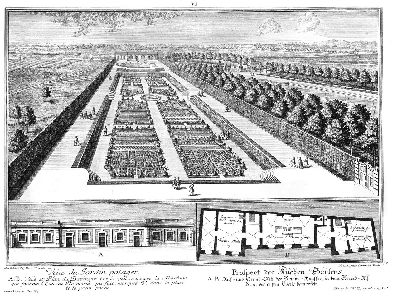Prospect van de keukentuin, grond- en opstand van het bronhuis door Salomon Kleiner