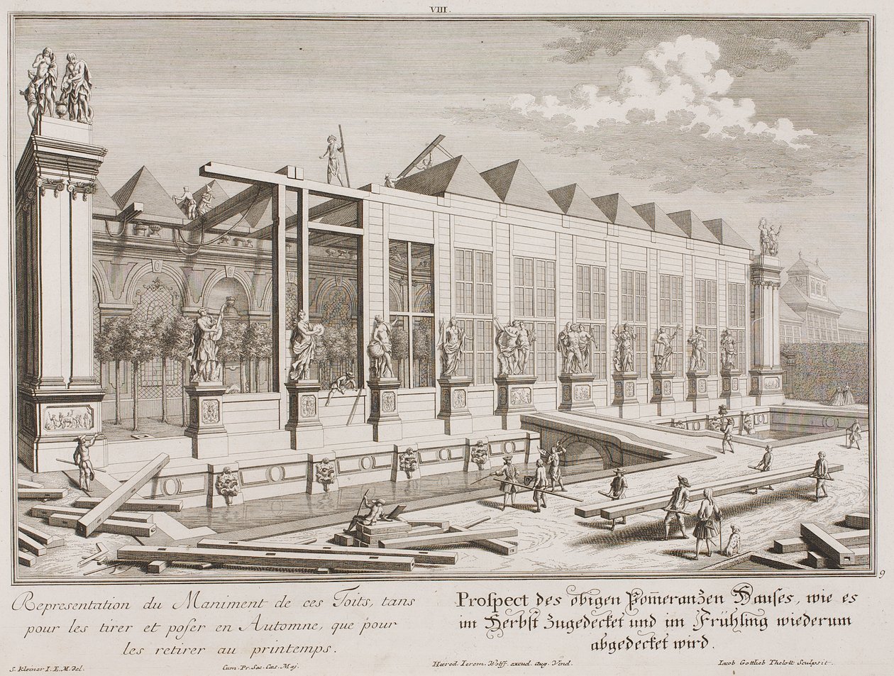Prospect van het sinaasappelenhuis tijdens de bedekking voor de winter door Salomon Kleiner