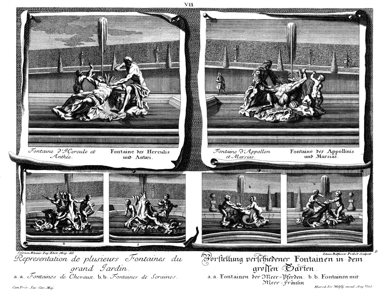 Zes verschillende fonteinen van de grote tuin door Salomon Kleiner