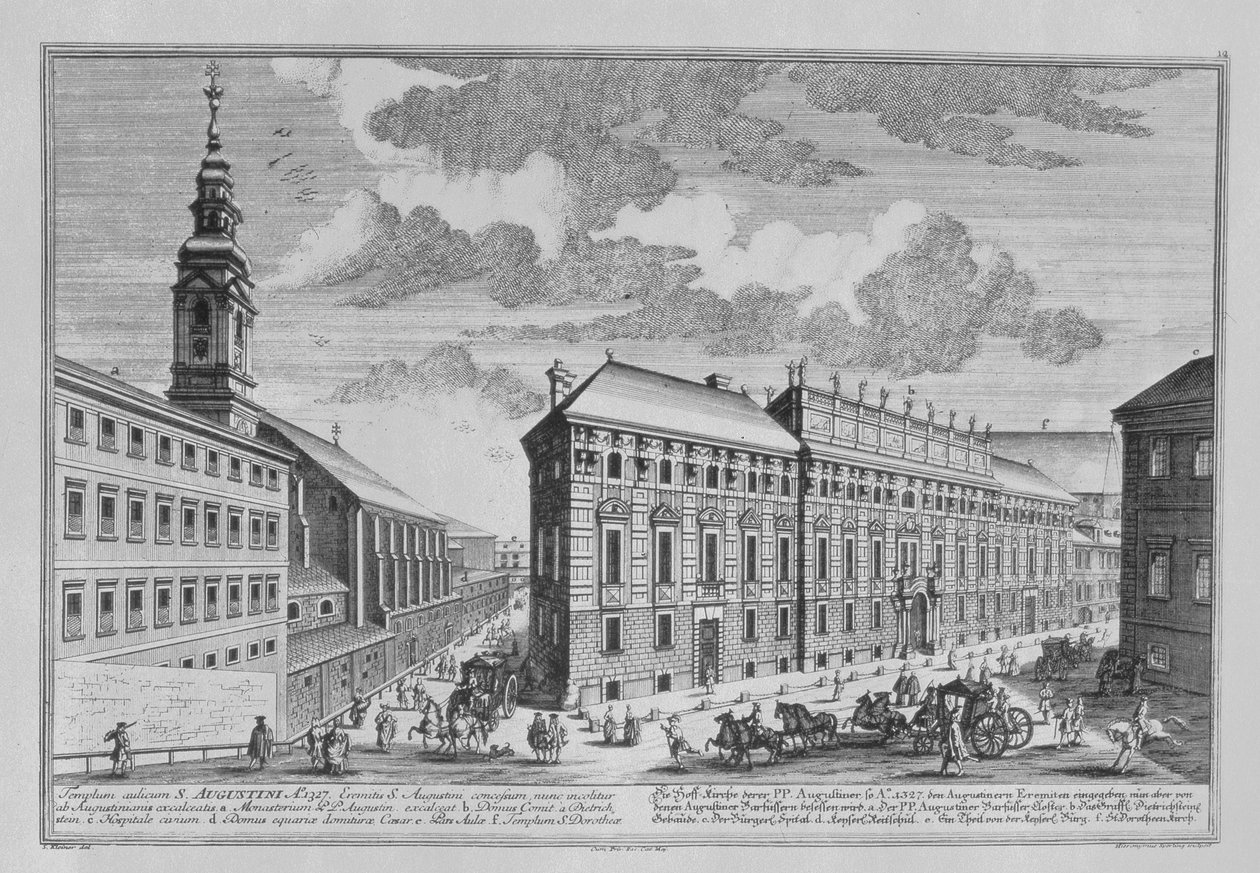 Zicht op de Dorotheergasse met de Stallburg en de kloosterkerk van het Dorotheum, gegraveerd door Hieronymous Sperling door Salomon Kleiner