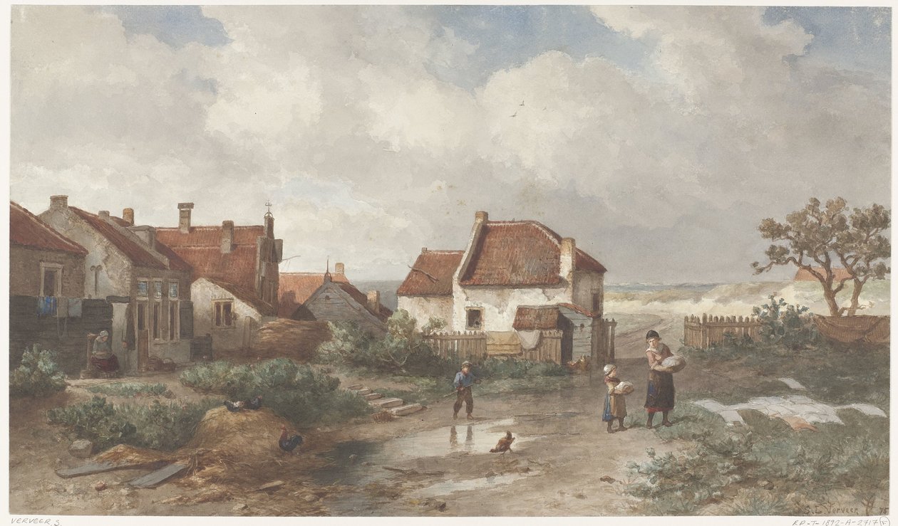 Huizen aan de rand van een dorp in de duinen door Salomon Leonardus Verveer