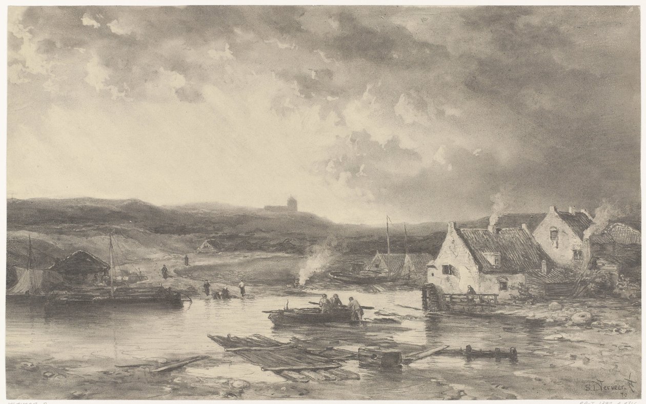 Rivierlandschap met enige huizen en een watermolen door Salomon Leonardus Verveer