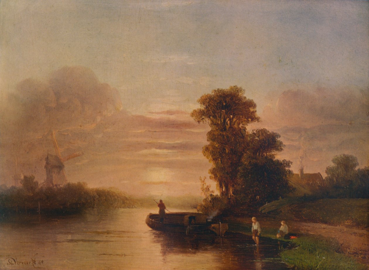 Zonsondergang aan een rivier, met windmolen en huisje door Salomon Leonardus Verveer
