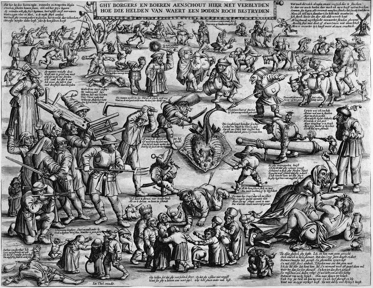 Ghy burgers en boeren aanschouw hier met vreugde hoe de helden van waarde een dode roch bestrijden door Salomon Savery
