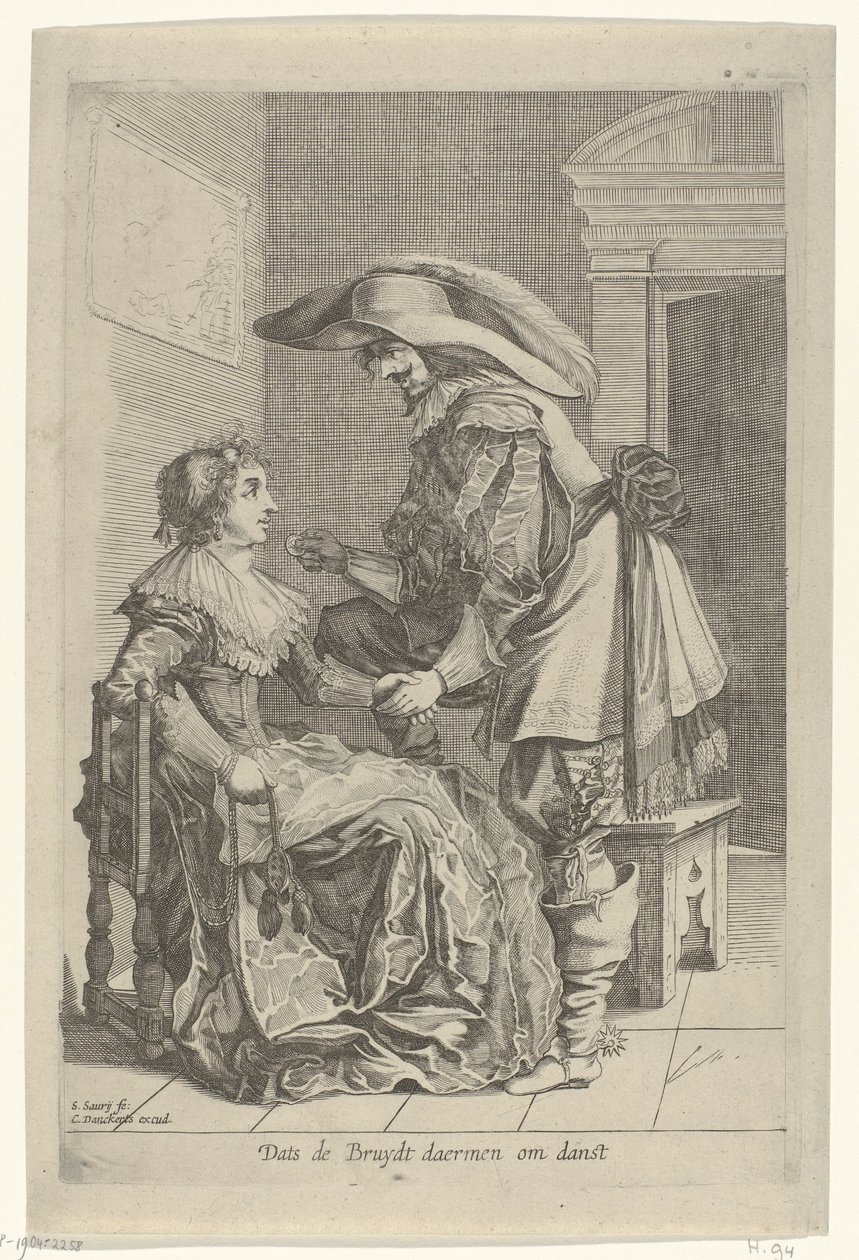 Man biedt een vrouw een muntstuk aan door Salomon Savery