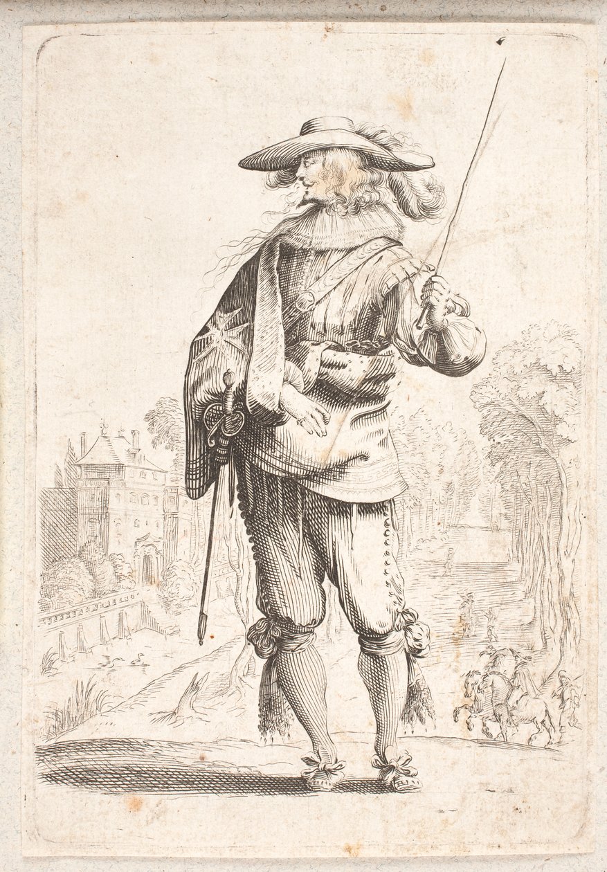Staande soldaat gezien van voren maar met hoofd in linker profiel. Houdt staf in linkerhand door Salomon Savery